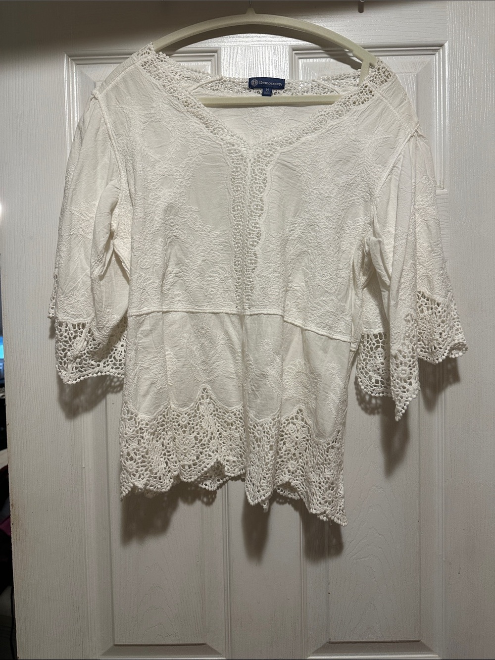 Democracy Ivory Crochet-Trim V-Neck Women's Top